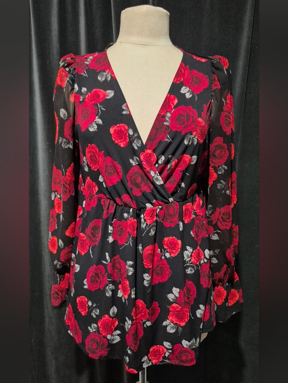 Torrid Black Wrap Top with Red Rose Print (Box B)